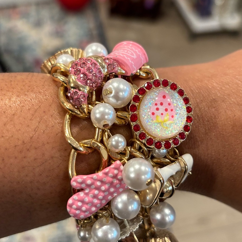 Betsey Johnson Bakers Gold and Pink Charm Bracelet
